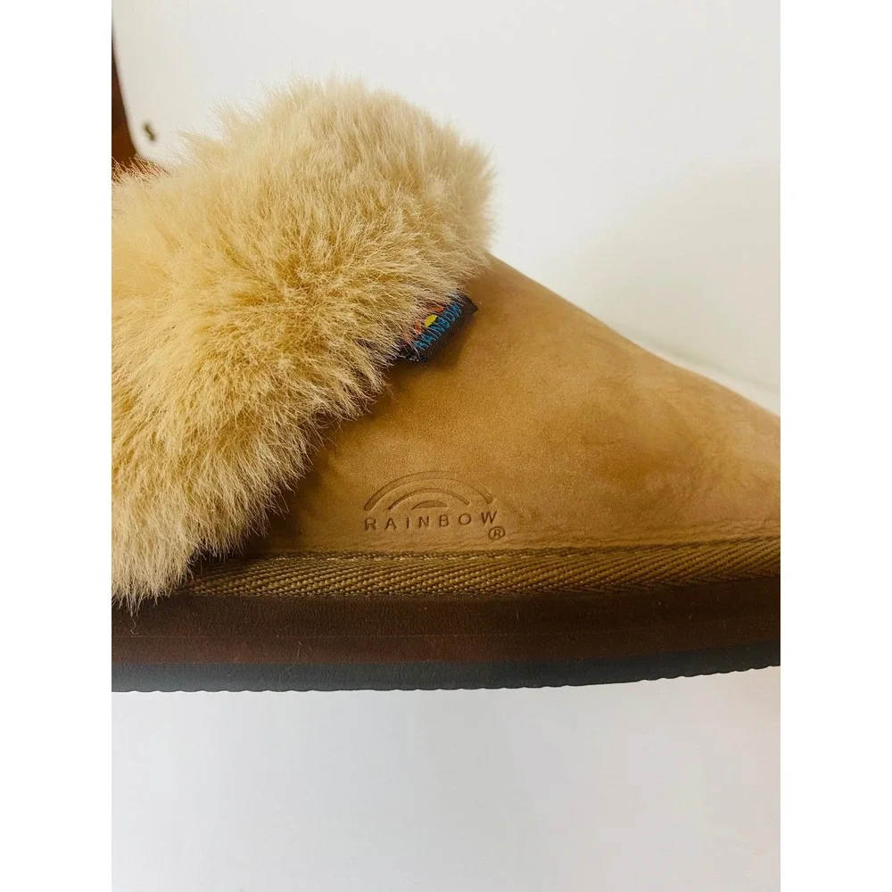 Rainbow sunset snugs Mens Sz‎ 11 leather Suede Slippers Slides Tan Brown